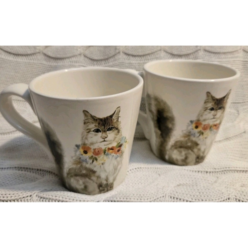 Pier 1 Cat Coffee Mugs Set of 2 Floral Long Hair Kitten Ceramic Cups Cute EUC